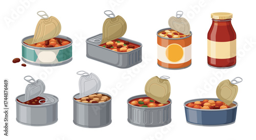 A collection of assorted canned food items featuring beans and sauce in various containers presented on a white background.