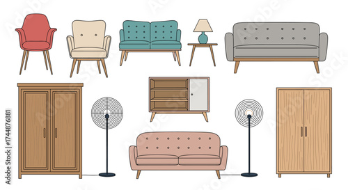 Pixel art collection of various furniture and home decor items.