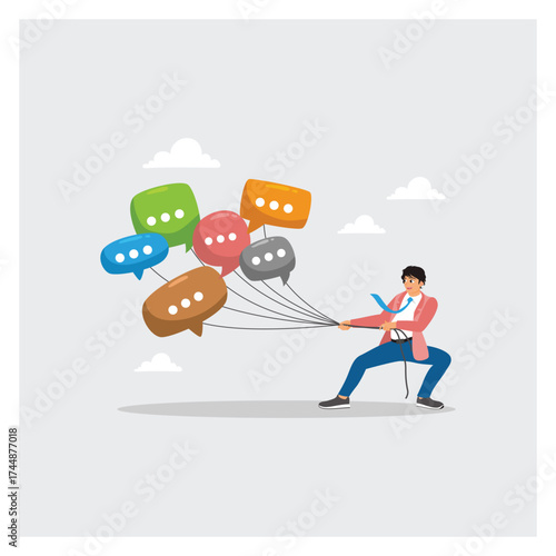 Businessman Manage Speech Bubble Balloons to Show Communication and Collaboration in the Workplace.