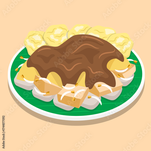 Indonesian food vector illustration: Tahu Tek (East Javanese fried tofu and bean sprout salad with peanut sauce and crackers)