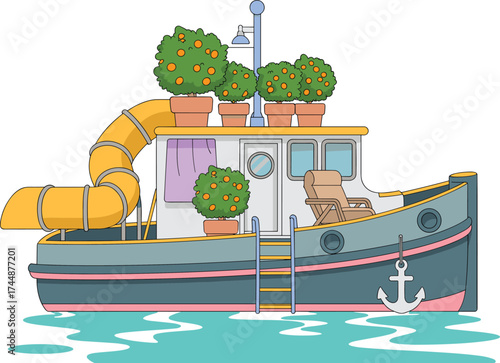 Cartoon houseboat with slide and orange trees, summer travel illustration, fun floating home on water, leisure vacation concept art