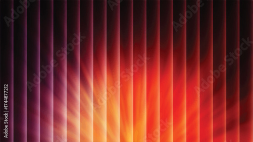 Vertical Blinds Gradient in Deep Crimson, Purple, and Orange: High-Resolution Background of Abstract Light Rays and Stripes. Moody, cinematic, and dynamic surface detail for music, events.