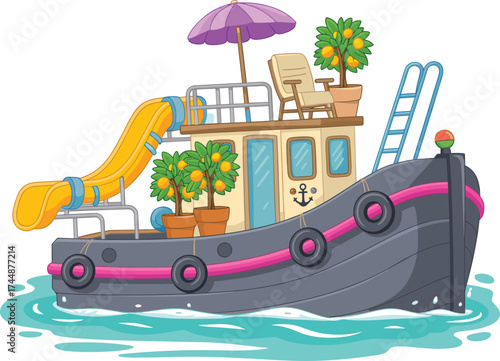 Cartoon houseboat with slide and orange trees, summer travel illustration, fun floating home on water, leisure vacation concept art