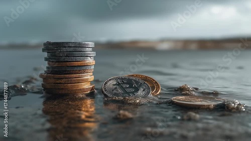 Cryptocurrency Coins on Wet Surface