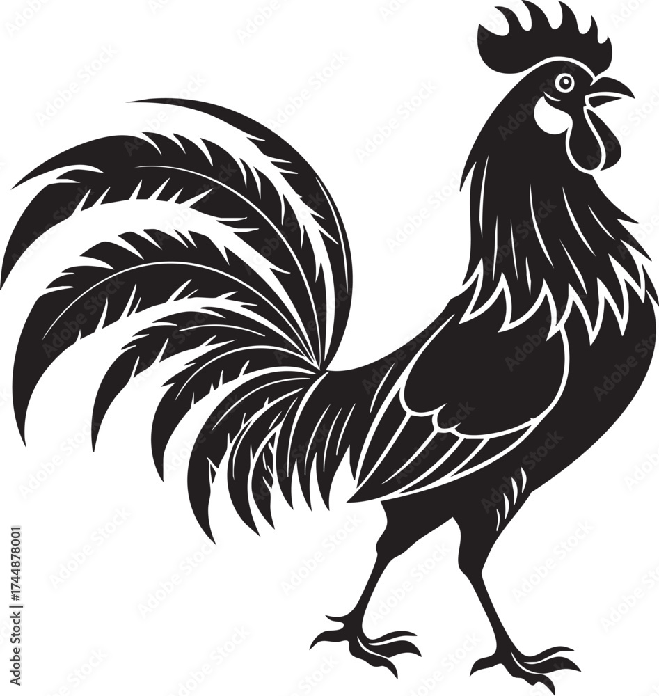 Fototapeta premium Black and white rooster vector illustration on white background