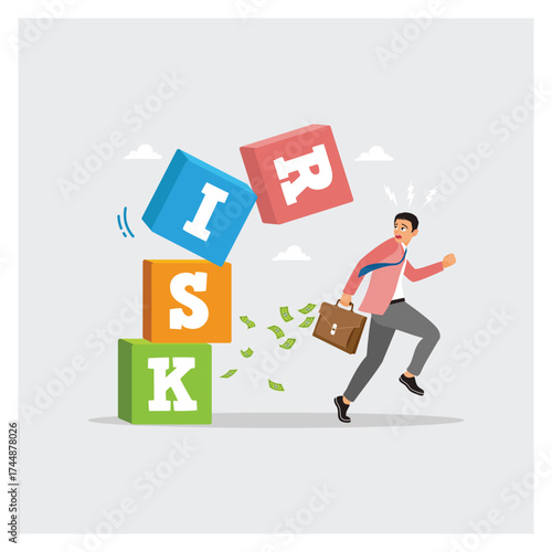 Avoid Risk. Businessman Investor Run Away from Risk Collapsing Box.