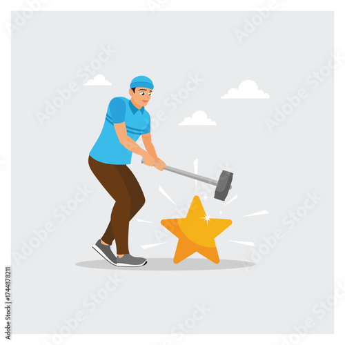 Downgrade Credit Rating. Man Hit Star Credit Rating with Big Hammer.