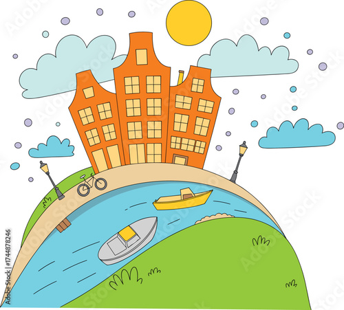 Colorful Dutch canal houses under bright sun with boats sailing on river, charming European townscape, vibrant summer travel illustration, scenic landscape