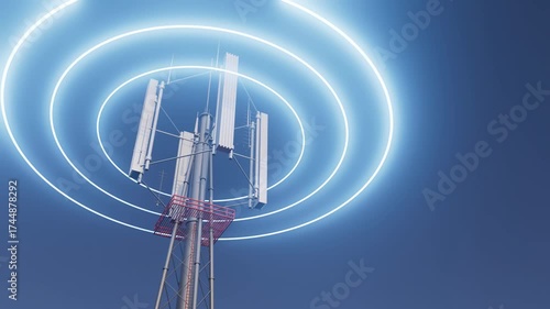 Cellular network tower emitting data signals, modern communication technology background..