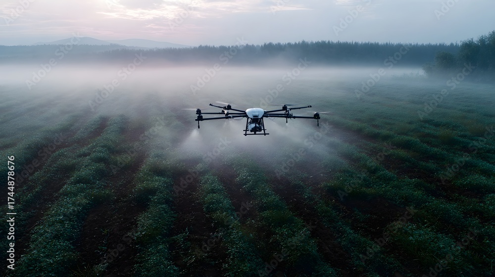 Fototapeta premium An agricultural drone sprays crops in a misty field at dawn showcasing modern farming technology in a serene rural landscape