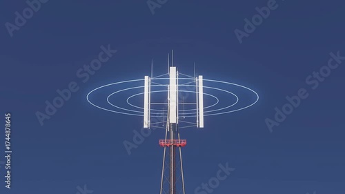 Communication tower transmitting signal waves against blue sky, telecommunication concept..