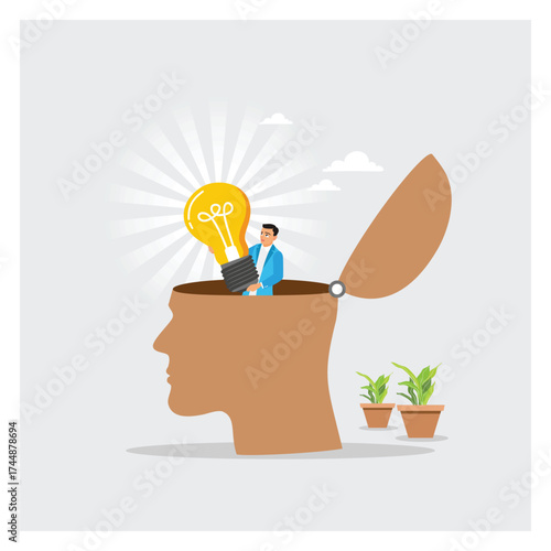 Creative Mind Awakening, Man Demonstrates A Bright Idea Emerging From An Open Head.