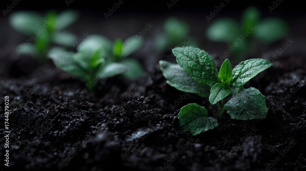 Naklejka premium A young green seedling emerges from dark fertile soil in a detailed ro shot symbolizing new growth