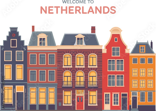 Colorful traditional Dutch canal houses in Amsterdam cityscape, Netherlands architecture illustration, travel landmark, European tourism design, urban street background