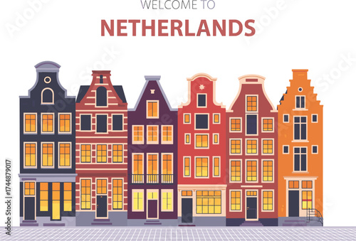 Colorful traditional Dutch canal houses in Amsterdam cityscape, Netherlands architecture illustration, travel landmark, European tourism design, urban street background