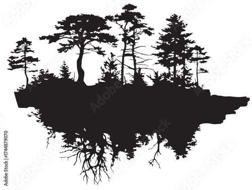 Cliff Trees With Intertwining Roots Vector Silhouette Art