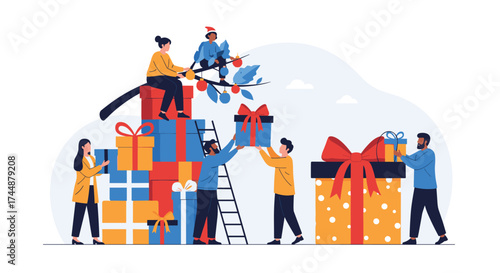 People collaborating to prepare gifts for a festive celebration.