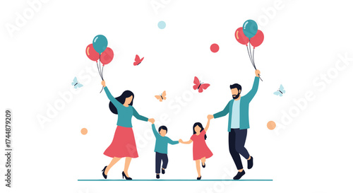 A happy family holding hands and balloons during a fun outdoor activity.