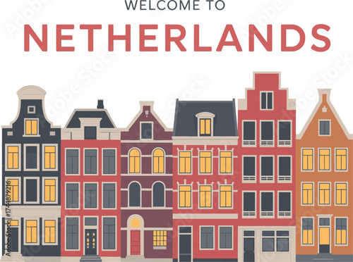 Colorful traditional Dutch canal houses in Amsterdam cityscape, Netherlands architecture illustration, travel landmark, European tourism design, urban street background