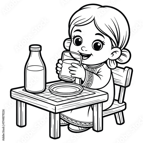 The line art illustration shows an Arab little girl sitting and happily drinking a glass of milk