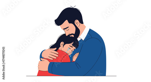 A father lovingly hugs his daughter who is crying and seeks comfort.