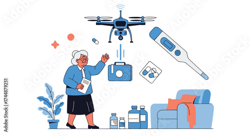 Drone delivery for elderly patients bringing essential medical supplies.