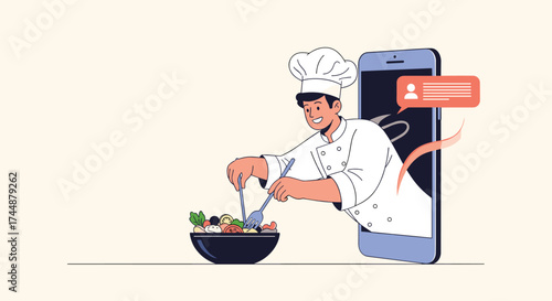A chef is preparing a salad in a bowl from a smartphone screen.