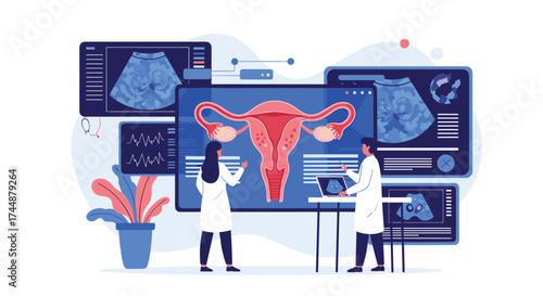Doctors examining a digital model of a uterus and its reproductive organs.