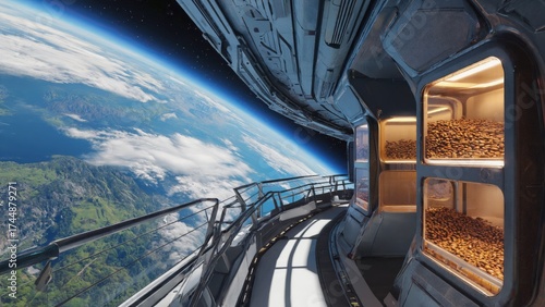 Fototapeta Naklejka Na Ścianę i Meble -  A futuristic space station orbiting Earth with large transparent window and seed storage pods inside, agriculture in space, sustainability, innovation, technology and interplanetary colonization.