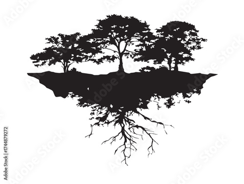 Stylized Vector Illustration of Cliffside Trees With Roots