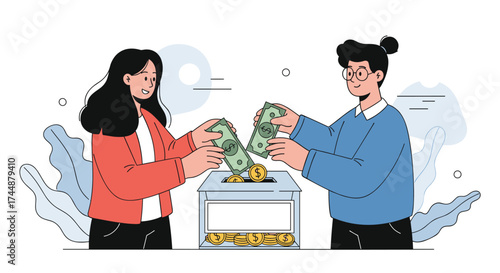 Two people contributing money to a transparent donation box.