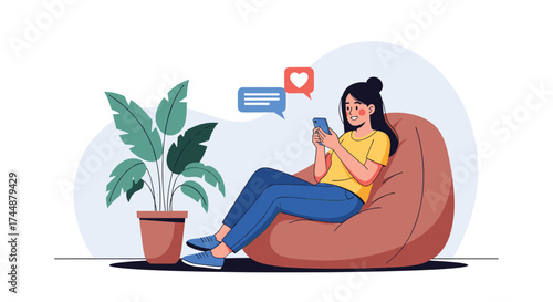 Young woman enjoying her phone while relaxing in a bean bag chair.