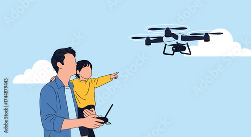 A father and child control a drone in the sky.
