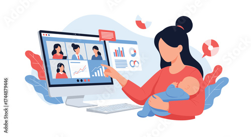 A mother with a baby attends a virtual meeting on her computer.