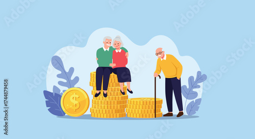 Elderly couple enjoying wealth on coins illustration.