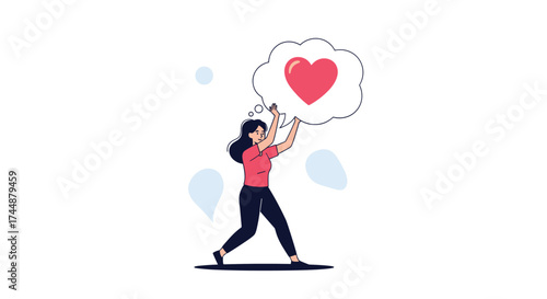 A woman sends a heart symbol through her phone while dancing.