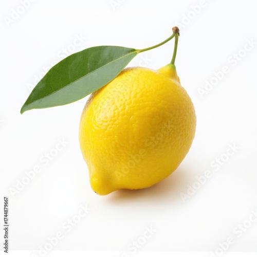 A yellow lemon with a green leaf on top