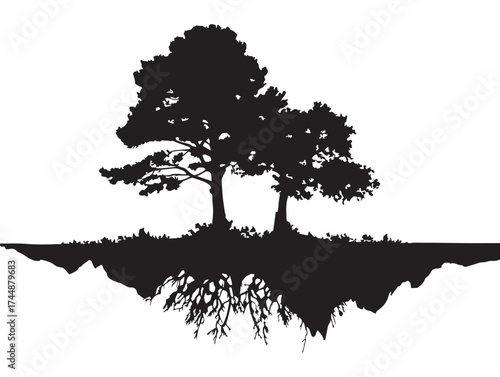 Scenic Cliff With Multiple Trees and Roots Vector Silhouette