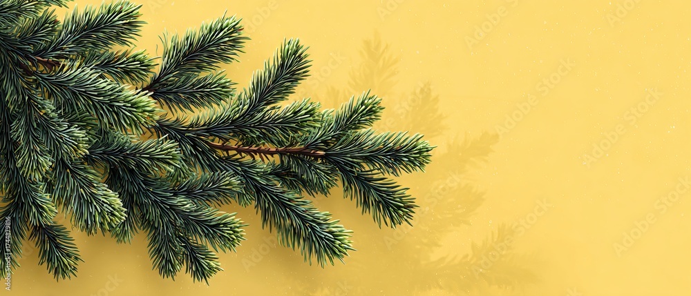 Obraz premium Green spruce branches on yellow background with copy space natural textured banner of Christmas tree needles for greeting cards web headers and seasonal marketing left side text area