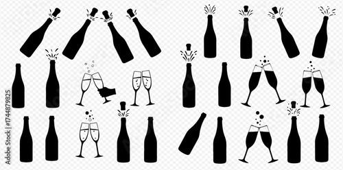 Set of black silhouette icons featuring champagne bottles popping and glasses toasting for celebration.