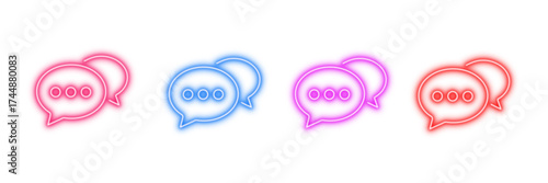 Neon glowing chat bubble vector icons set, communication, message, speech, dialogue, online conversation, vibrant colorful digital design illustration on transparent background.