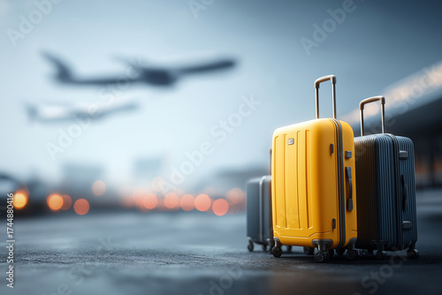 A set of luggage stands on the airport floor against an airplane background. Travel and vacation concept