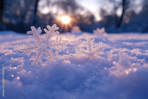 Snowflakes in sparkling snow at winter sunset