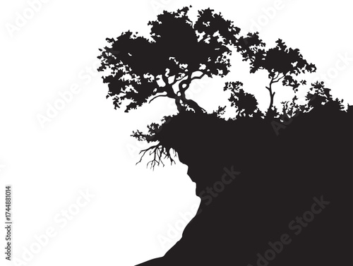 Stylized Vector Illustration of a Lone Cliffside  Tree