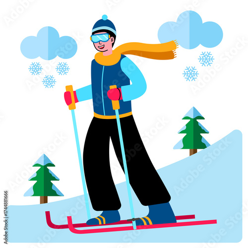 Skiing on a snowy mountain. Skiing with proper safety gear during winter. Going on a ski vacation