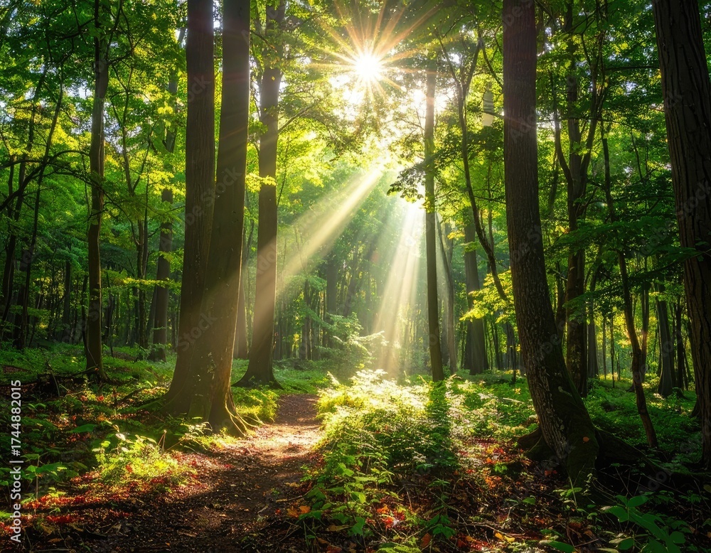 Fototapeta premium Sunlight streams through a lush, vibrant green forest, casting long rays