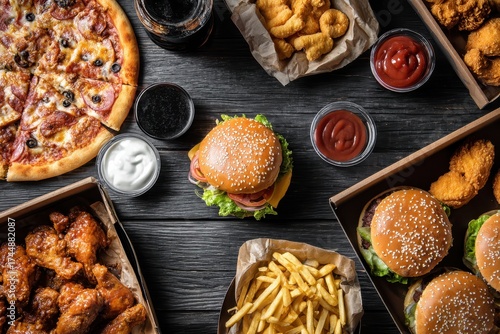 Buffet table filled with assorted takeout foods including burgers, pizza, and fried chicken perfect for gatherings or celebrations