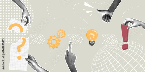 A trendy halftone collage. The problem-solving process from question to solution. Concept of the problem-solving process, problem-solving analysis and success, creative thinking, problem solving and