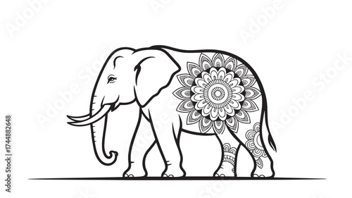 Elephant with mandala pattern isolated on white background, walking slowly