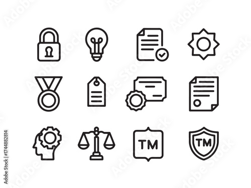 Intellectual property icons isolated on white background, a collection of symbols